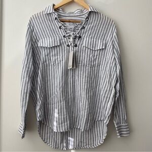 NWT Rails Matea Canela Stripe Linen Blend Lace Up Shirt Blouse Small